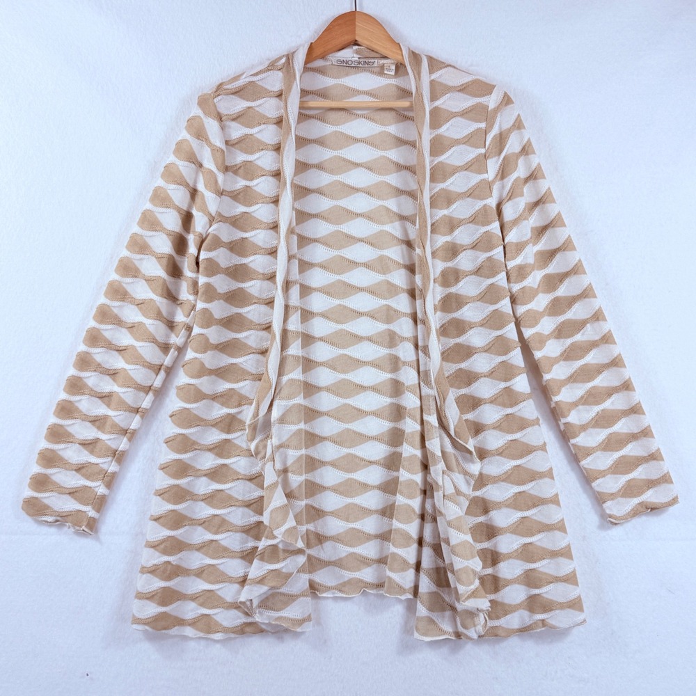 Snoskins Cardigan Women Large Tan White Textured Wave Open Front Coastal Chic